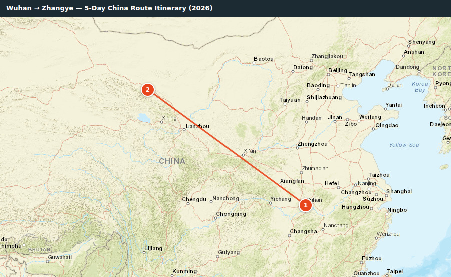 Route map for Wuhan → Zhangye — 5-Day China Route Itinerary (2026)