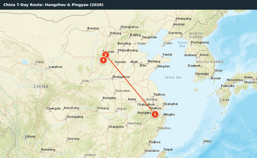Route map for China 7-Day Route: Hangzhou & Pingyao (2026)