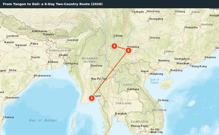 Route map for From Yangon to Dali: a 6-Day Two-Country Route (2026)