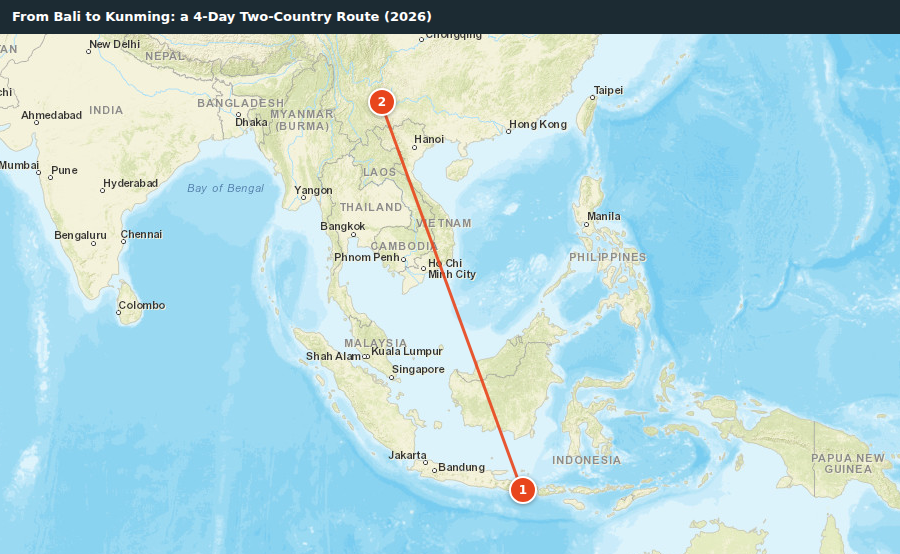 Route map for From Bali to Kunming: a 4-Day Two-Country Route (2026)