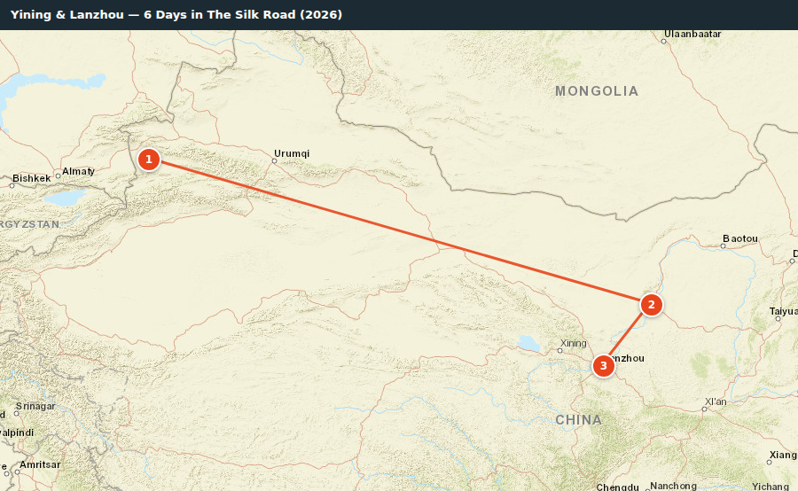 Route map for Yining & Lanzhou — 6 Days in The Silk Road (2026)