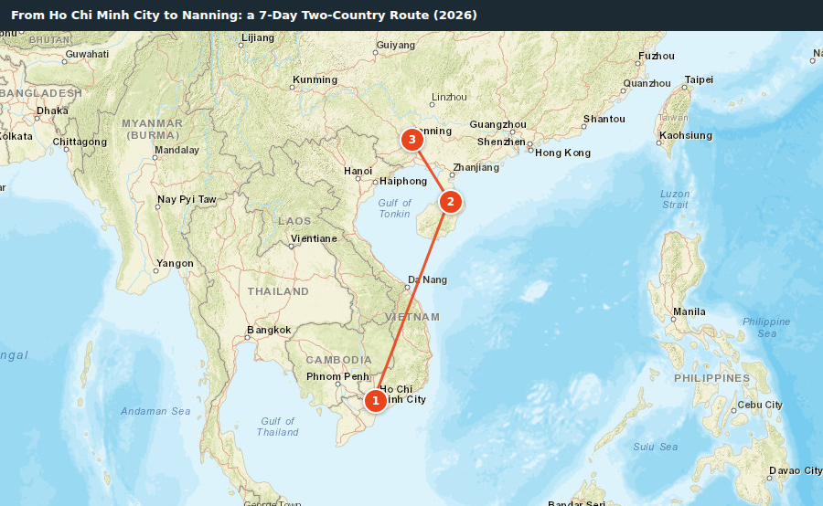 Route map for From Ho Chi Minh City to Nanning: a 7-Day Two-Country Route (2026)