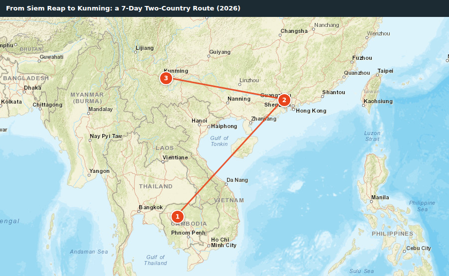 Route map for From Siem Reap to Kunming: a 7-Day Two-Country Route (2026)