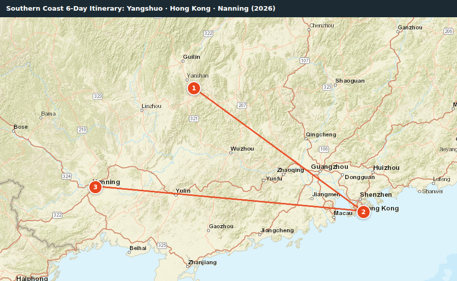Route map for Southern Coast 6-Day Itinerary: Yangshuo · Hong Kong · Nanning (2026)