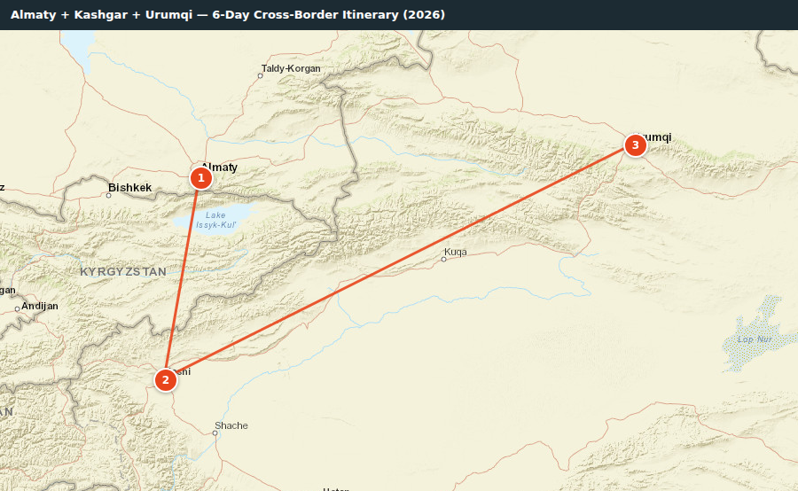 Route map for Almaty + Kashgar + Urumqi — 6-Day Cross-Border Itinerary (2026)