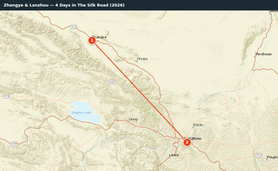 Route map for Zhangye & Lanzhou — 4 Days in The Silk Road (2026)