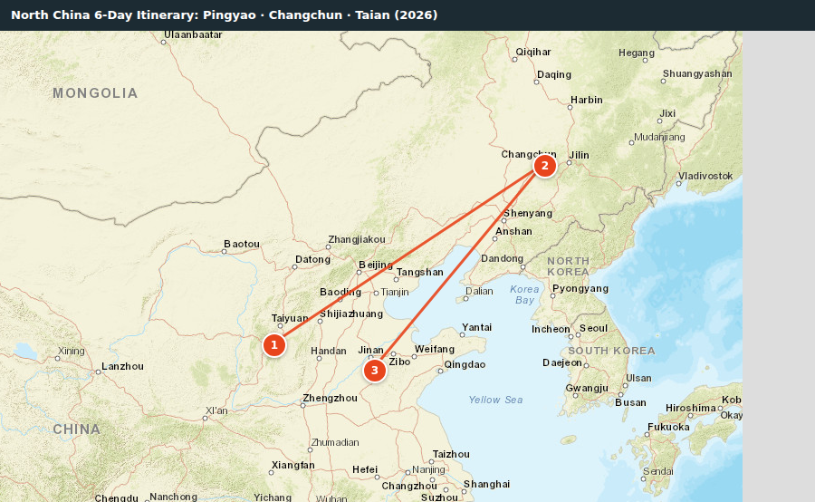 Route map for North China 6-Day Itinerary: Pingyao · Changchun · Taian (2026)