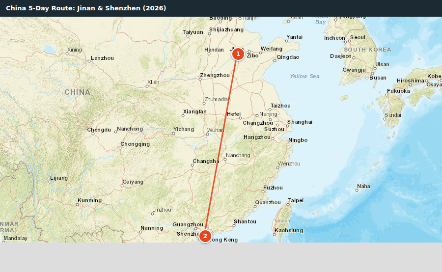 Route map for China 5-Day Route: Jinan & Shenzhen (2026)