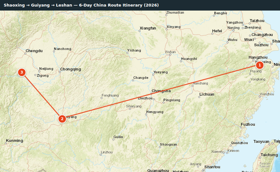 Route map for Shaoxing → Guiyang → Leshan — 6-Day China Route Itinerary (2026)