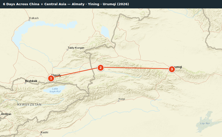 Route map for 6 Days Across China + Central Asia — Almaty · Yining · Urumqi (2026)