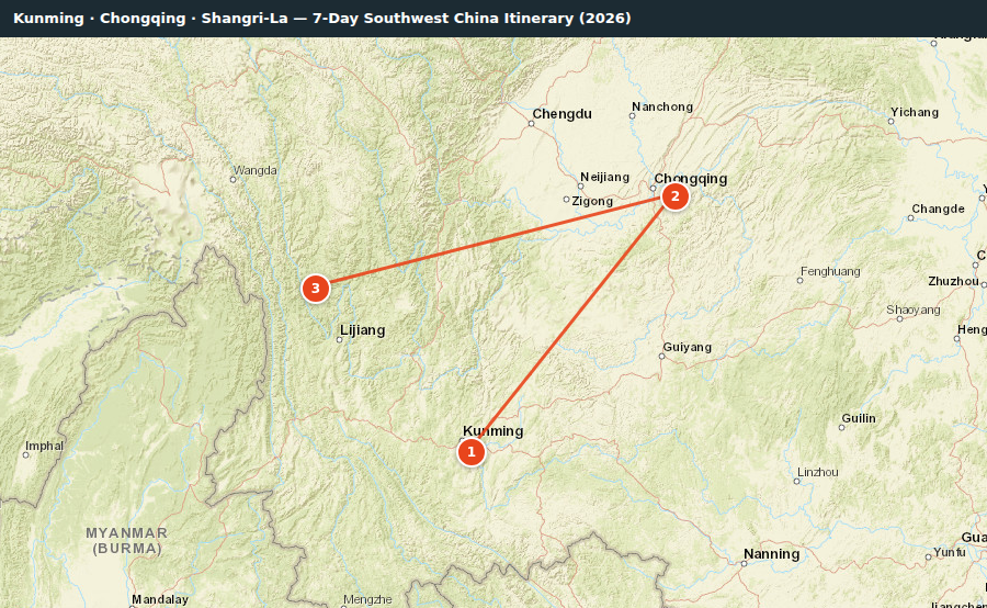 Route map for Kunming · Chongqing · Shangri-La — 7-Day Southwest China Itinerary (2026)
