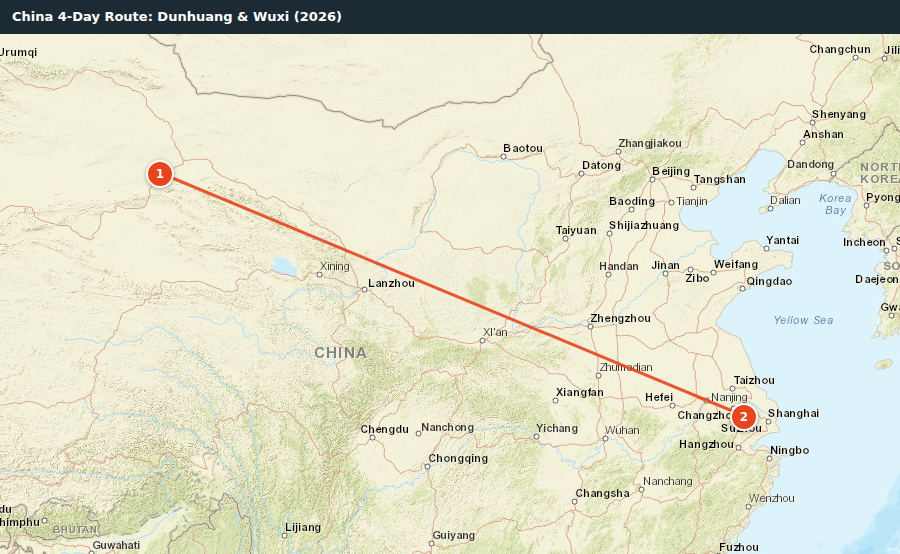 Route map for China 4-Day Route: Dunhuang & Wuxi (2026)