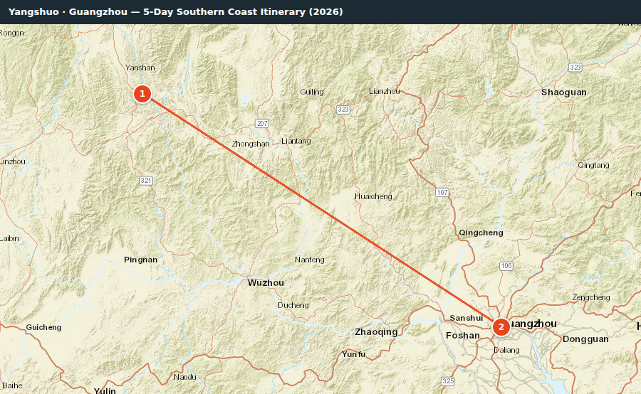 Route map for Yangshuo · Guangzhou — 5-Day Southern Coast Itinerary (2026)