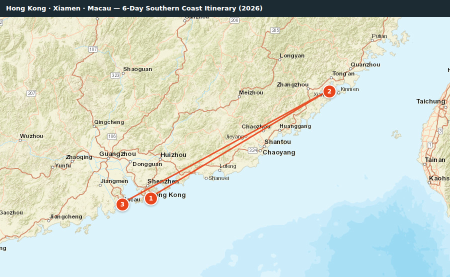 Route map for Hong Kong · Xiamen · Macau — 6-Day Southern Coast Itinerary (2026)