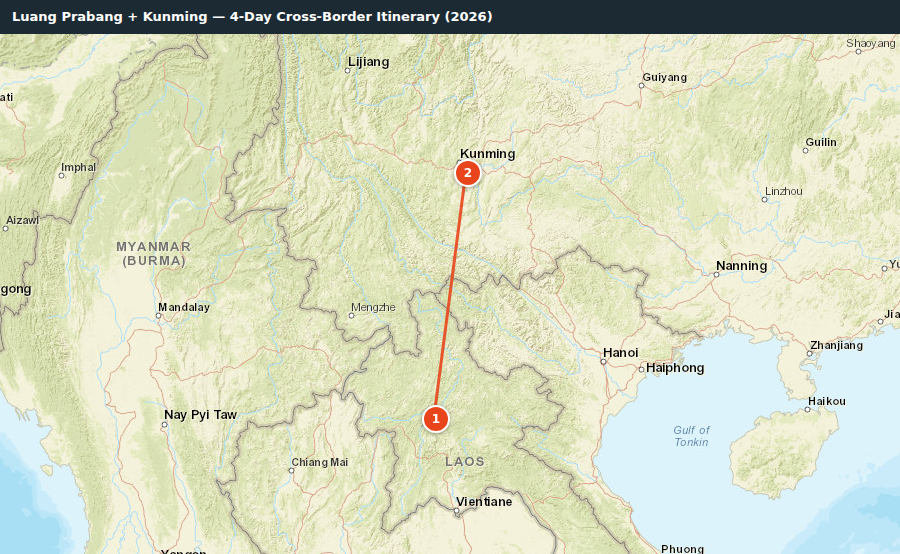 Route map for Luang Prabang + Kunming — 4-Day Cross-Border Itinerary (2026)