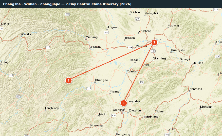 Route map for Changsha · Wuhan · Zhangjiajie — 7-Day Central China Itinerary (2026)