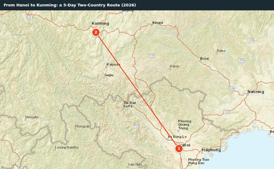Route map for From Hanoi to Kunming: a 5-Day Two-Country Route (2026)
