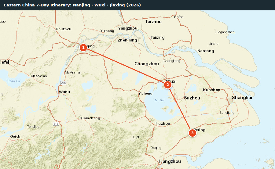 Route map for Eastern China 7-Day Itinerary: Nanjing · Wuxi · Jiaxing (2026)