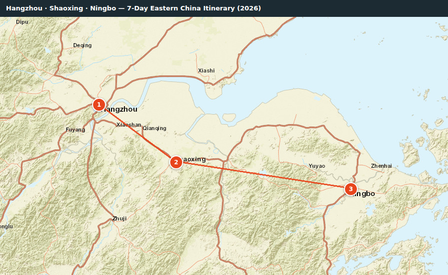 Route map for Hangzhou · Shaoxing · Ningbo — 7-Day Eastern China Itinerary (2026)