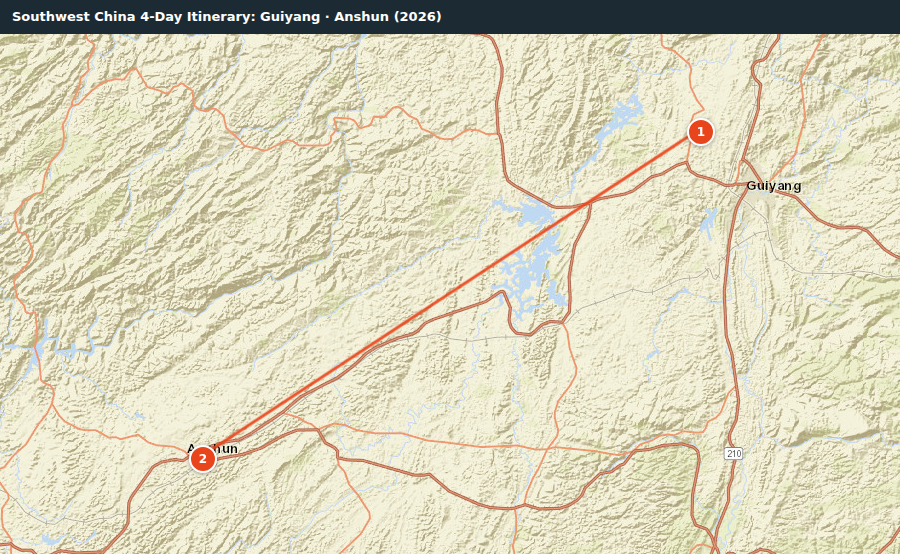 Route map for Southwest China 4-Day Itinerary: Guiyang · Anshun (2026)