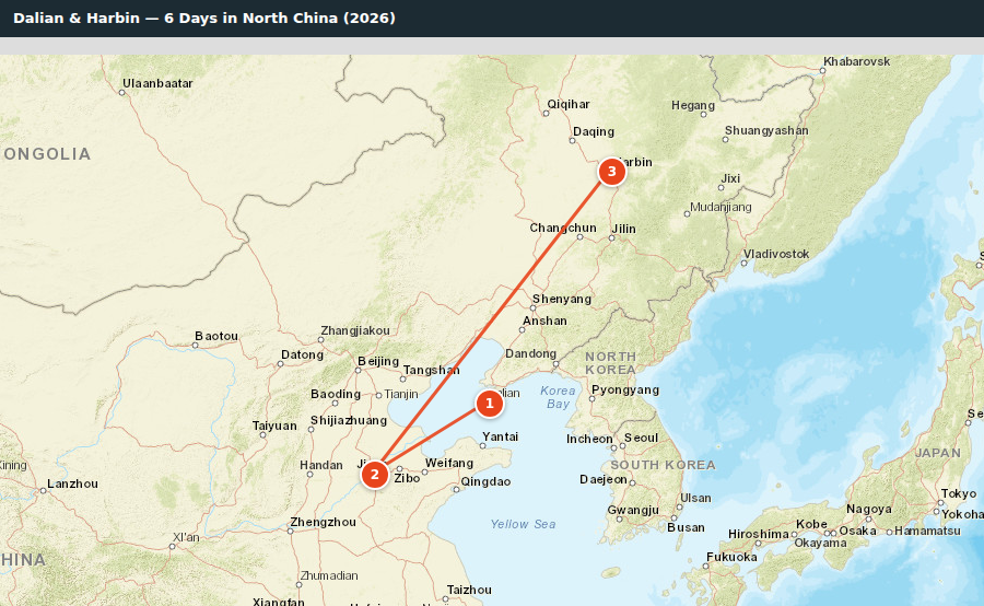 Route map for Dalian & Harbin — 6 Days in North China (2026)