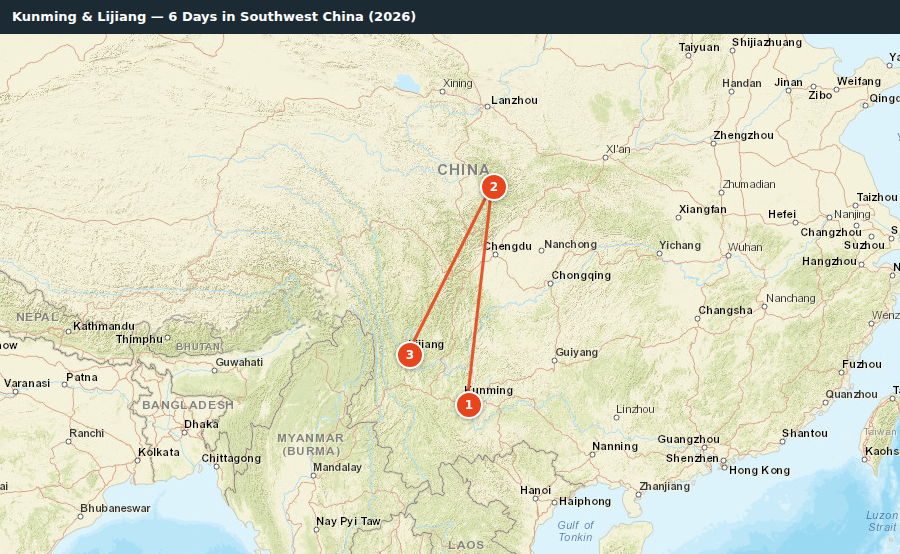 Route map for Kunming & Lijiang — 6 Days in Southwest China (2026)
