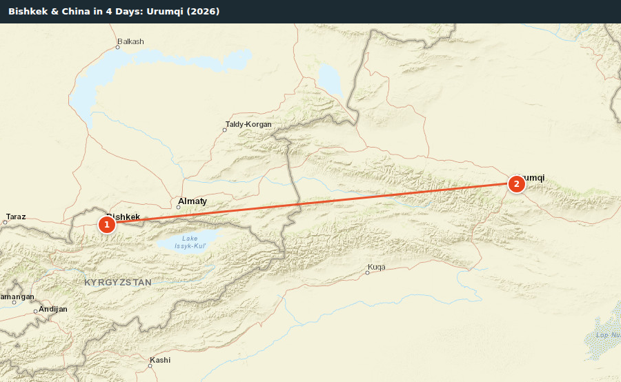 Route map for Bishkek & China in 4 Days: Urumqi (2026)