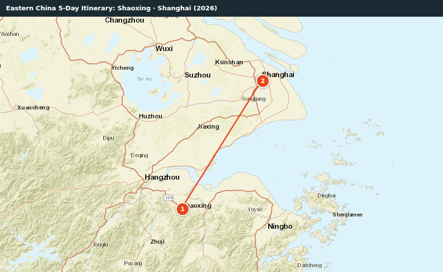Route map for Eastern China 5-Day Itinerary: Shaoxing · Shanghai (2026)