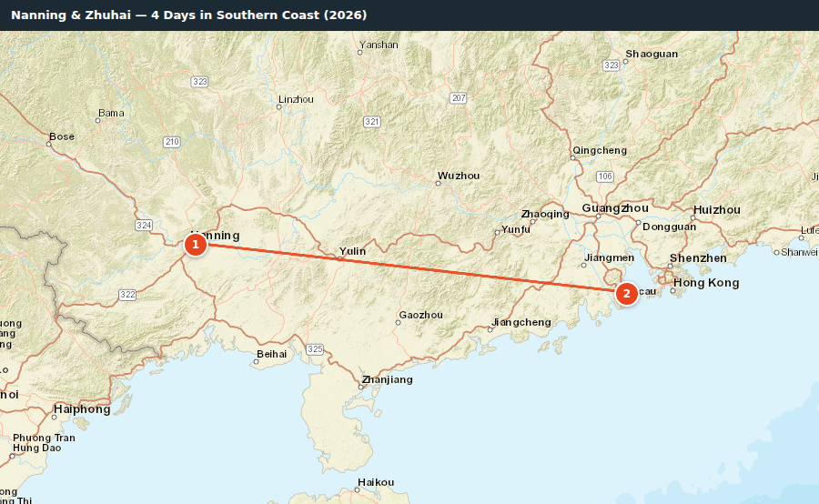 Route map for Nanning & Zhuhai — 4 Days in Southern Coast (2026)