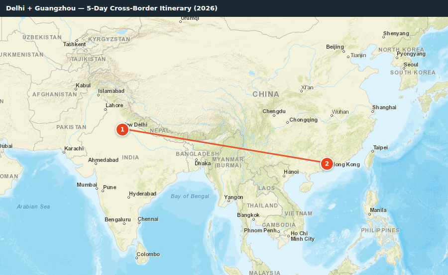 Route map for Delhi + Guangzhou — 5-Day Cross-Border Itinerary (2026)