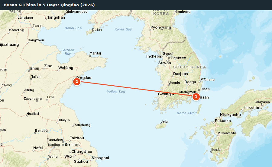 Route map for Busan & China in 5 Days: Qingdao (2026)