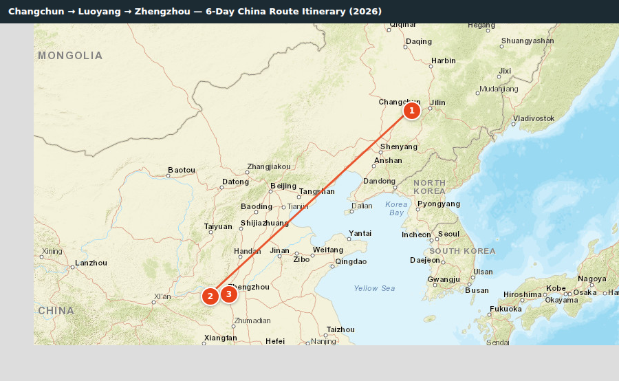 Route map for Changchun → Luoyang → Zhengzhou — 6-Day China Route Itinerary (2026)