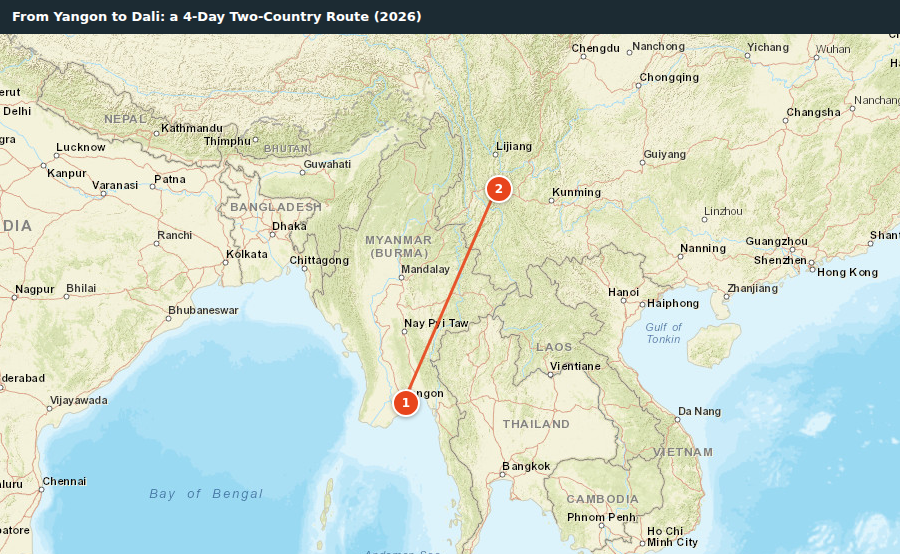 Route map for From Yangon to Dali: a 4-Day Two-Country Route (2026)