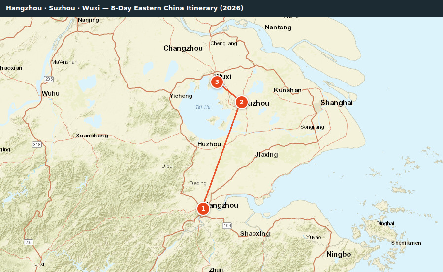 Route map for Hangzhou · Suzhou · Wuxi — 8-Day Eastern China Itinerary (2026)