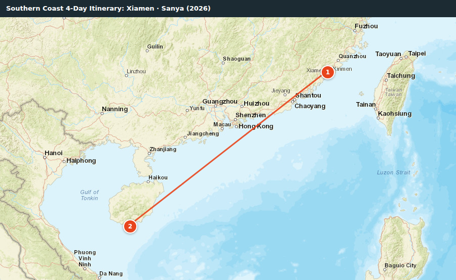 Route map for Southern Coast 4-Day Itinerary: Xiamen · Sanya (2026)