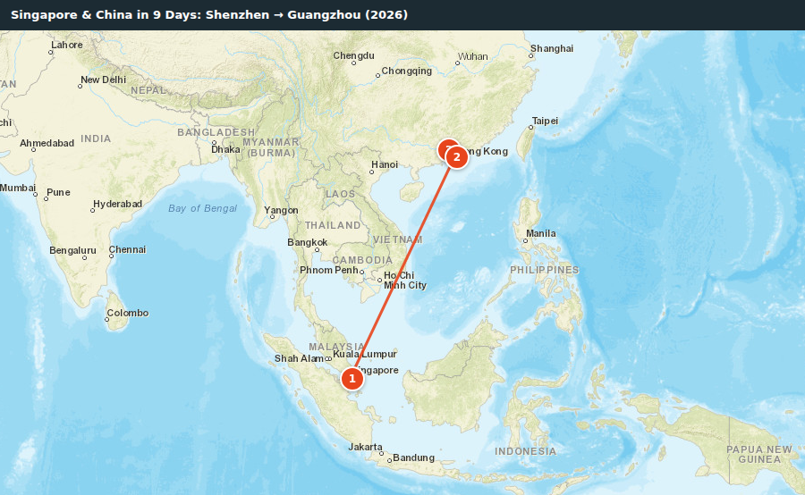 Route map for Singapore & China in 9 Days: Shenzhen → Guangzhou (2026)