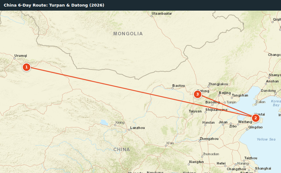 Route map for China 6-Day Route: Turpan & Datong (2026)