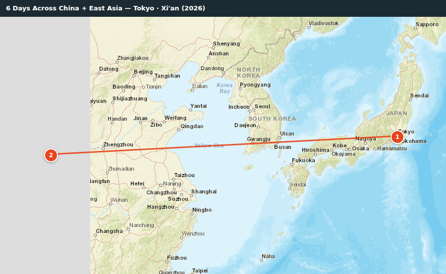 Route map for 6 Days Across China + East Asia — Tokyo · Xi'an (2026)