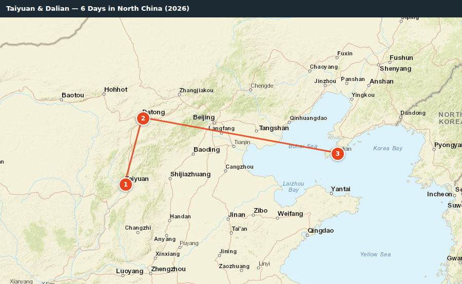 Route map for Taiyuan & Dalian — 6 Days in North China (2026)