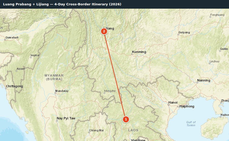 Route map for Luang Prabang + Lijiang — 4-Day Cross-Border Itinerary (2026)