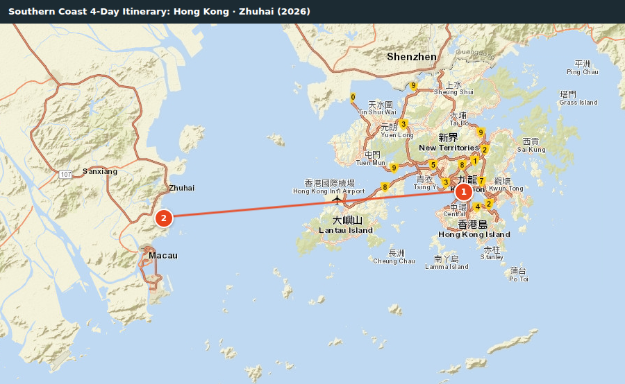 Route map for Southern Coast 4-Day Itinerary: Hong Kong · Zhuhai (2026)