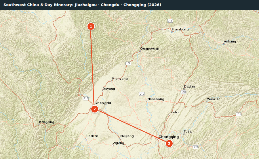 Route map for Southwest China 8-Day Itinerary: Jiuzhaigou · Chengdu · Chongqing (2026)
