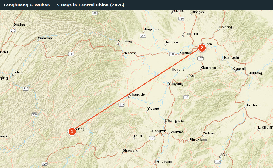 Route map for Fenghuang & Wuhan — 5 Days in Central China (2026)