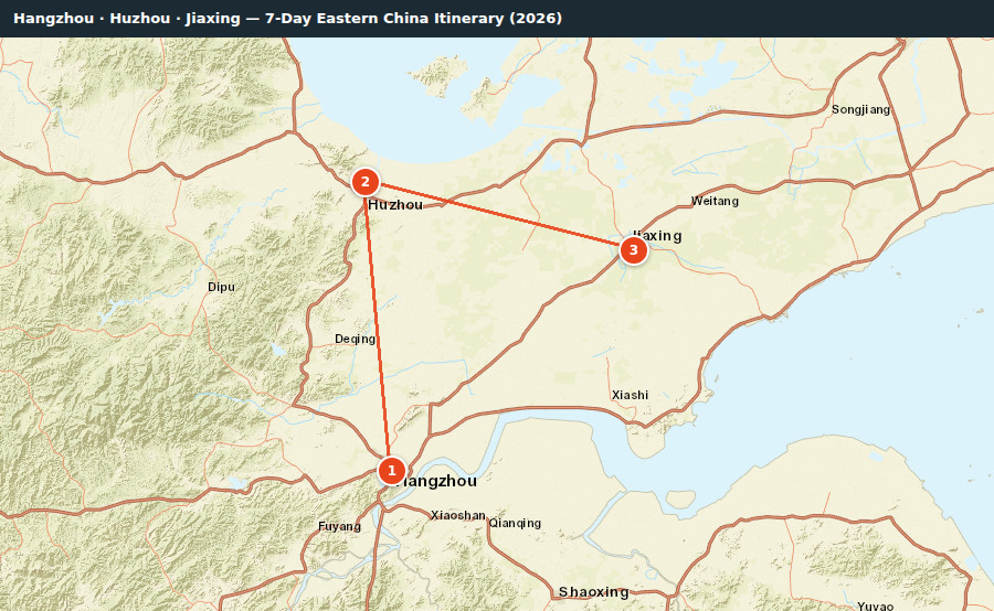 Route map for Hangzhou · Huzhou · Jiaxing — 7-Day Eastern China Itinerary (2026)