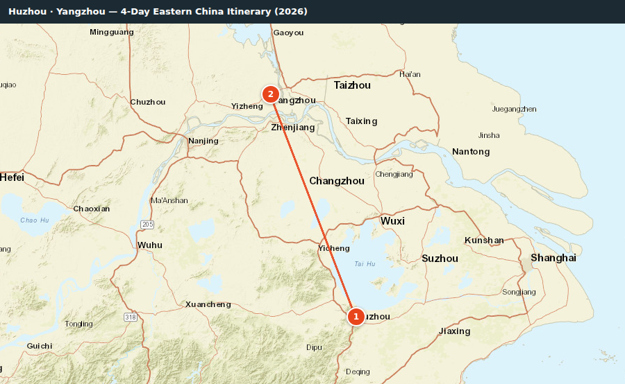 Route map for Huzhou · Yangzhou — 4-Day Eastern China Itinerary (2026)