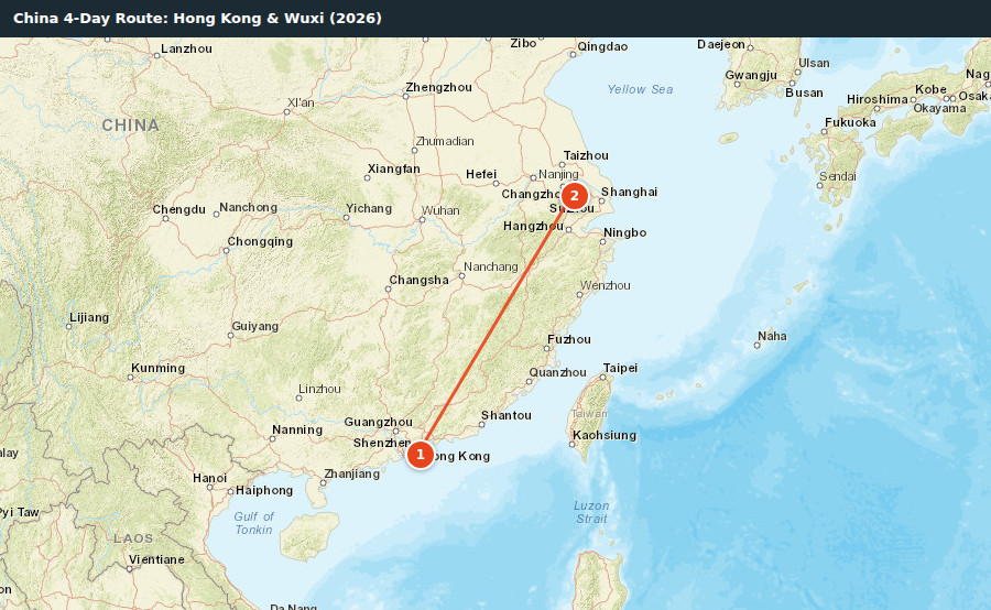 Route map for China 4-Day Route: Hong Kong & Wuxi (2026)