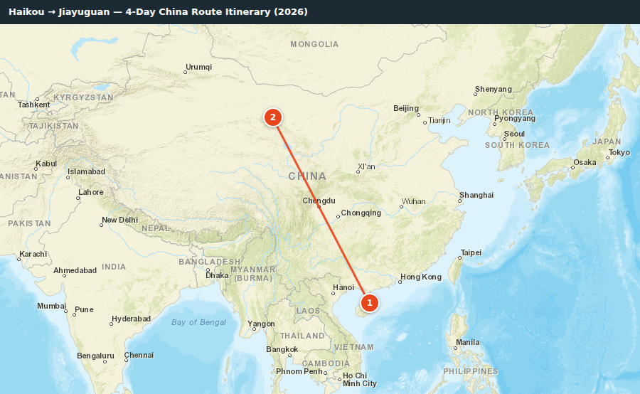 Route map for Haikou → Jiayuguan — 4-Day China Route Itinerary (2026)