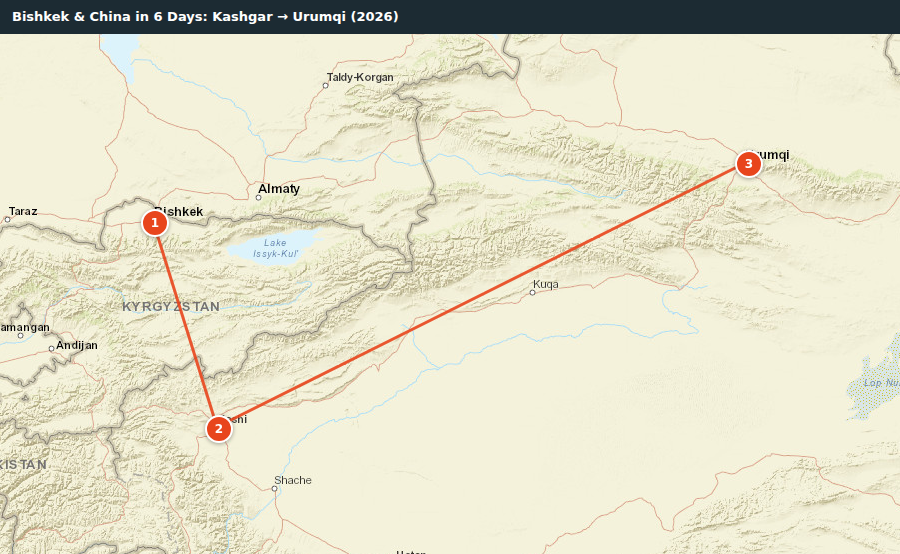 Route map for Bishkek & China in 6 Days: Kashgar → Urumqi (2026)