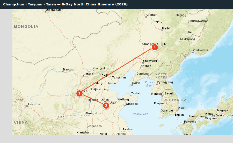 Route map for Changchun · Taiyuan · Taian — 6-Day North China Itinerary (2026)