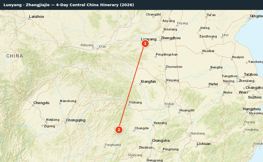 Route map for Luoyang · Zhangjiajie — 4-Day Central China Itinerary (2026)